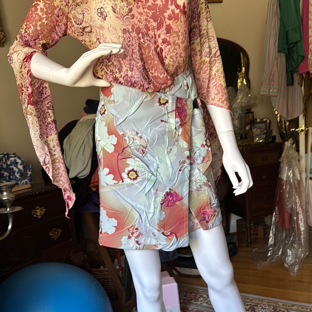 Blue and Pink Wrap Mini Skirt for Casual Resort Wear